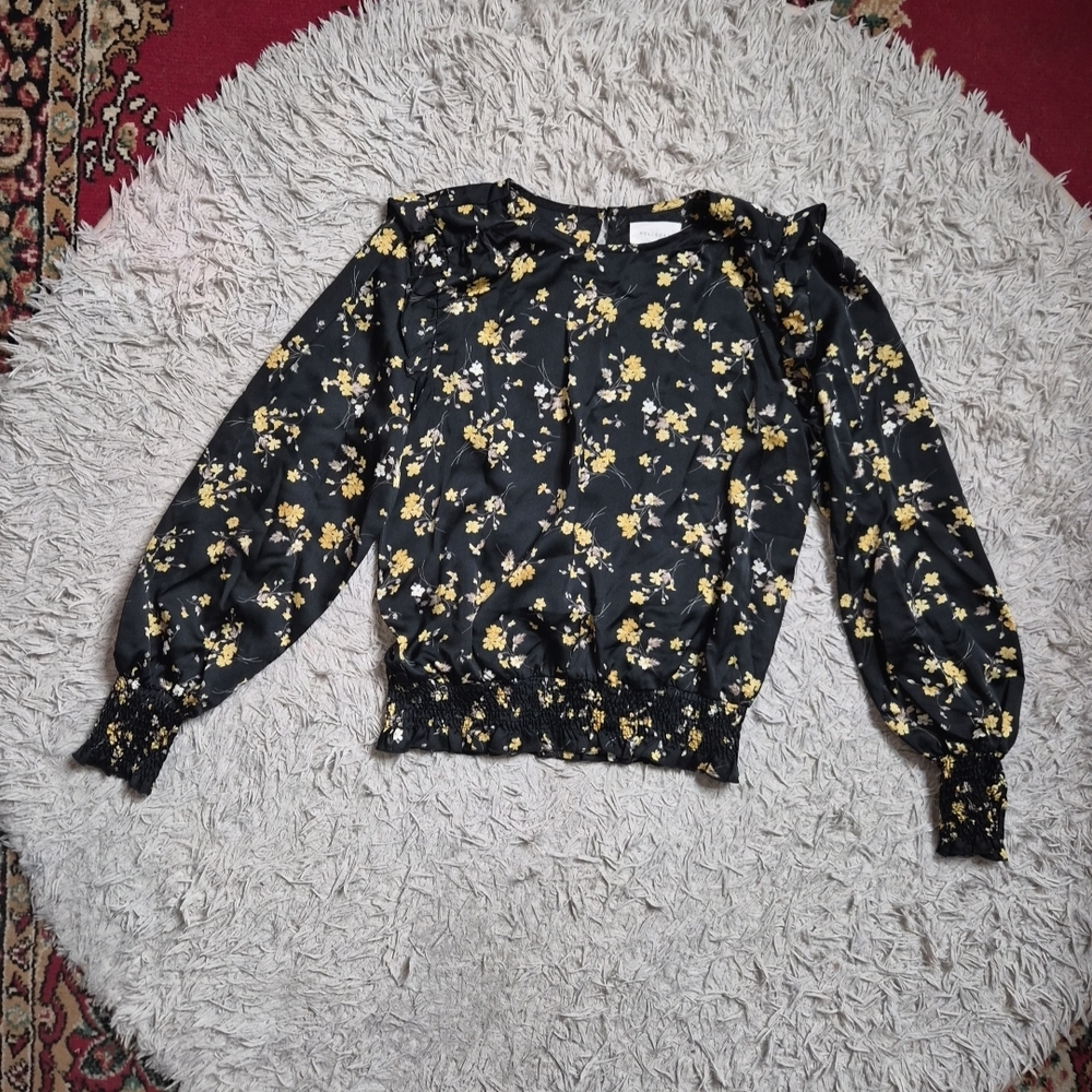 Melloday Womens Blouse Black Yellow Floral Print Size Medium M Coquette Girl ✨️